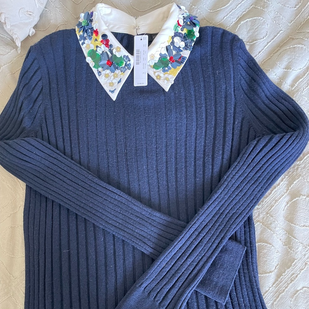 J. Crew Navy Ribbed Sweater with Embellished White Collar